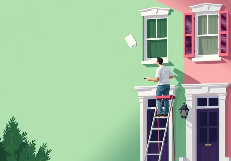 Peintre sur échafaudage traitant la façade d'une maison