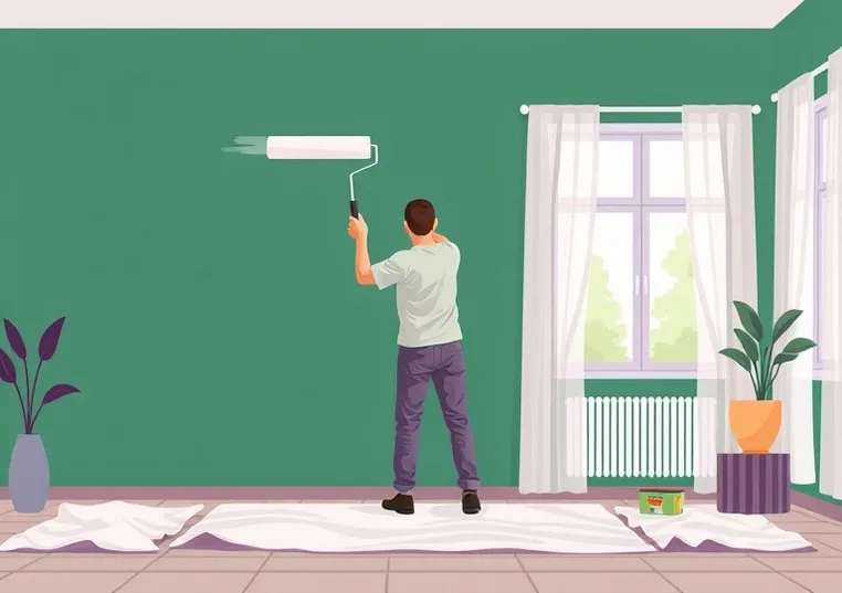 Peintre appliquant la peinture au rouleau sur un mur de salon